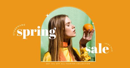 Designvorlage Spring Sale with Young Woman with Orange für Facebook AD