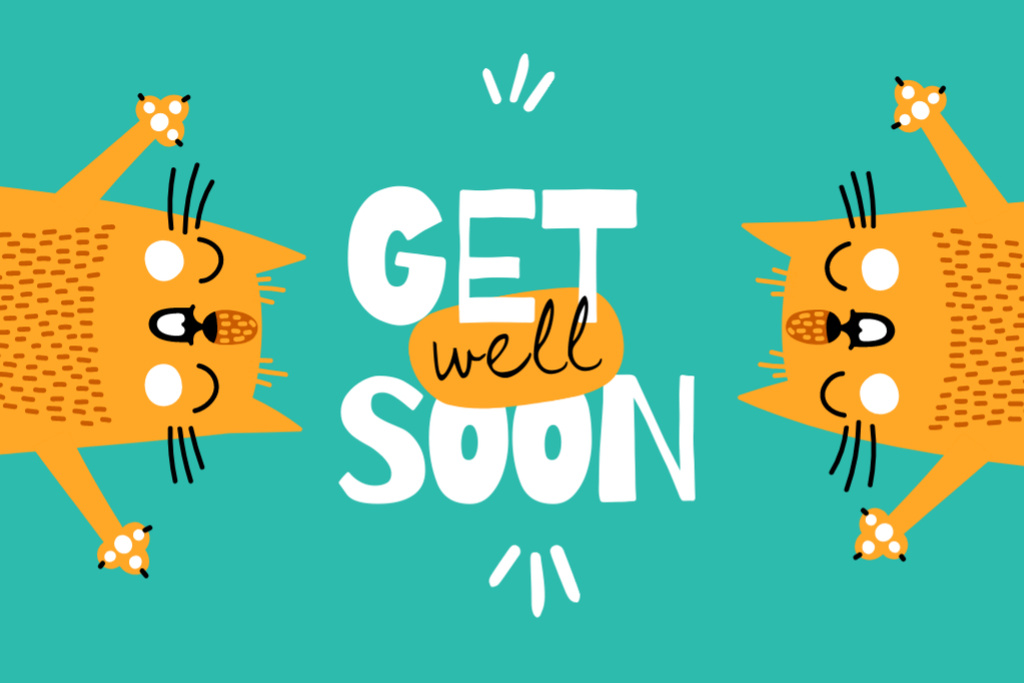 Get Well Wish With Illustrated Cats Postcard 4x6in Design Template