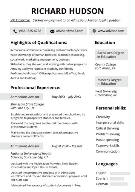 Professional Admissions Advisor Skills and Experience In White Resume Modelo de Design