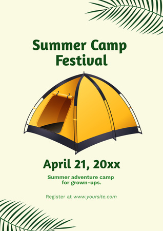 Plantilla de diseño de Cartel campamento de verano festival carpa amarilla. Poster 