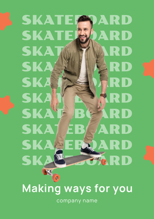 Platilla de diseño Smiling Man on Skateboard on Green Poster
