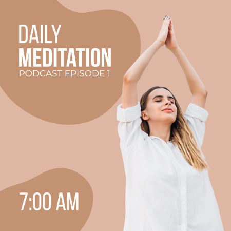 Morning Meditation Podcast Cover with Woman on Beige Podcast Coverデザインテンプレート