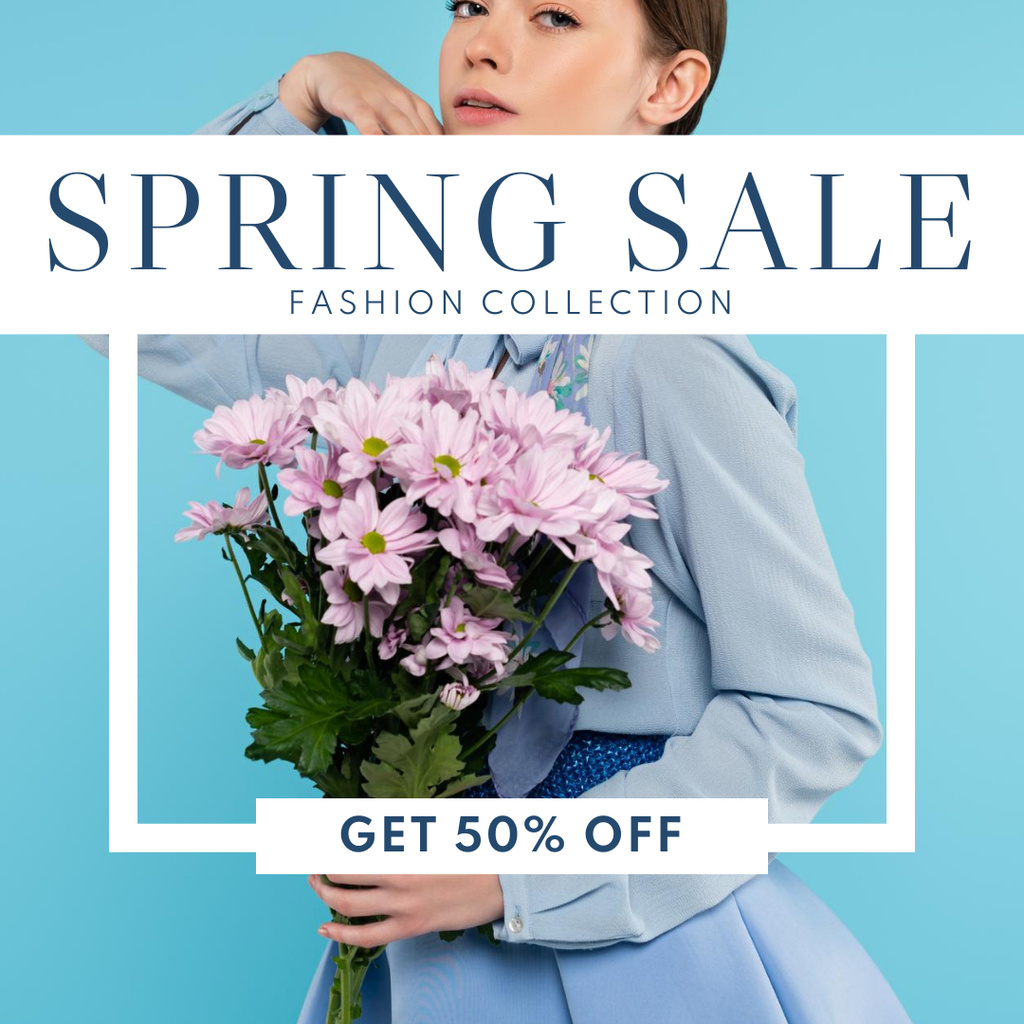 Ontwerpsjabloon van Instagram AD van Spring Sale with Beautiful Woman with Flowers