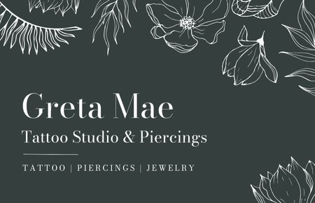 Tattoo Studio And Piercings Services With Floral Pattern Business Card 85x55mm Design Template