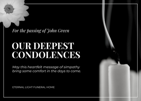 Plantilla de diseño de Sympathy Message with Candles and White Flower in Black Postcard 5x7in 