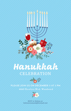 Hanukkah Celebration Invitation Menorah on Blue Invitation 4.6x7.2in Design Template
