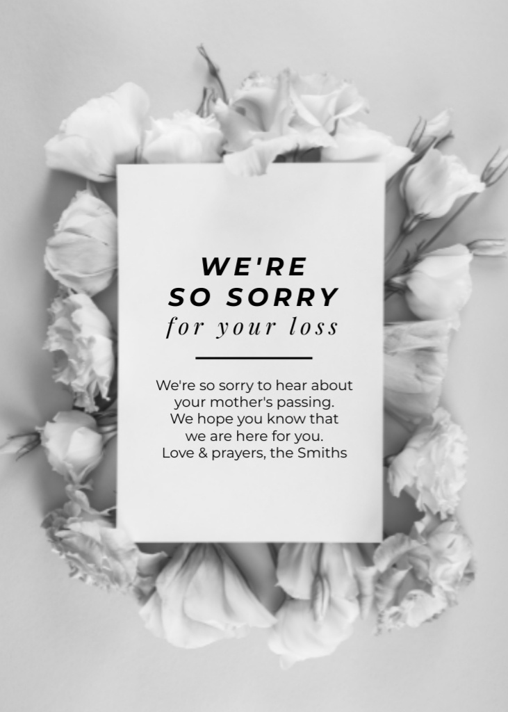 Szablon projektu Black and White Condolence Phrase With Roses Postcard 5x7in Vertical