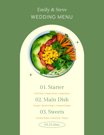 Lista de aperitivos de casamento verdes vívidos Menu 8.5x11in Modelo de Design