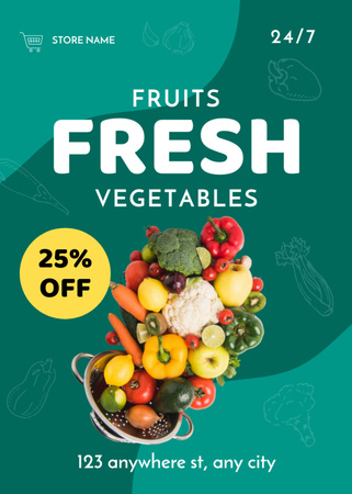 Fresh Veggies And Fruits In Supermarket With Discount Flayer Design Template