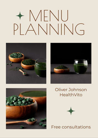 Menu Planning Offer with Bowl of Spirulina Pills Flyer A4デザインテンプレート