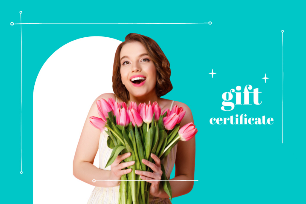 Special Offer with Smiling Woman holding Flowers Gift Certificate tervezősablon