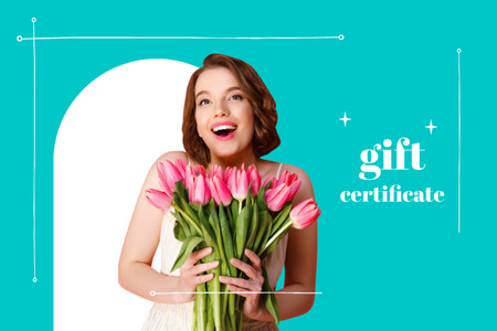 Speciální nabídka s usmívající se žena drží květiny Gift Certificate Šablona návrhu