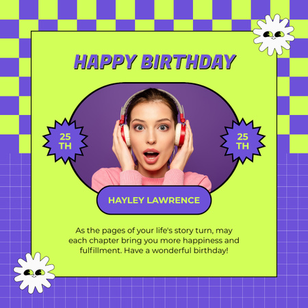 Fényesen gratulálunk a fejhallgatós fiatal nő születésnapjához LinkedIn post tervezősablon