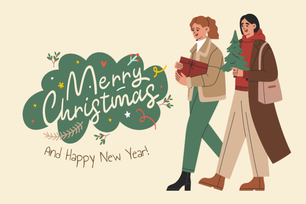 Glorious Christmas and New Year Cheers with Two Happy Woman Postcard 4x6in – шаблон для дизайну