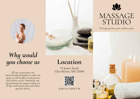 Massage Studio Advertisement with Woman and Essential Oils Brochure Design Template