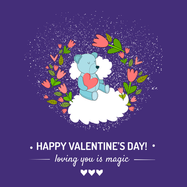 Valentine's Day greeting with Bear in flowers Instagram AD Tasarım Şablonu
