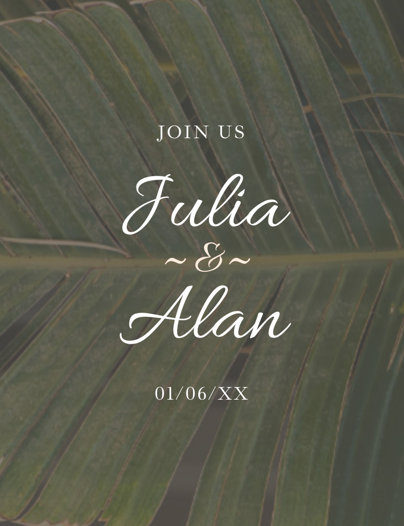 Wedding Day Announcement with Tropical Plant Leaf on Background Invitation 13.9x10.7cm – шаблон для дизайну