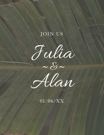 Anúncio do dia do casamento com folha de planta tropical no fundo Invitation 13.9x10.7cm Modelo de Design