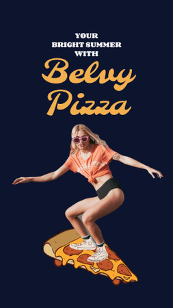 Ontwerpsjabloon van Instagram Video Story van grappige illustratie van vrouw op pizza-skateboard