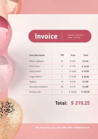 Ontwerpsjabloon van Invoice van Verjaardagsfeestje met roze frame en ballonnen