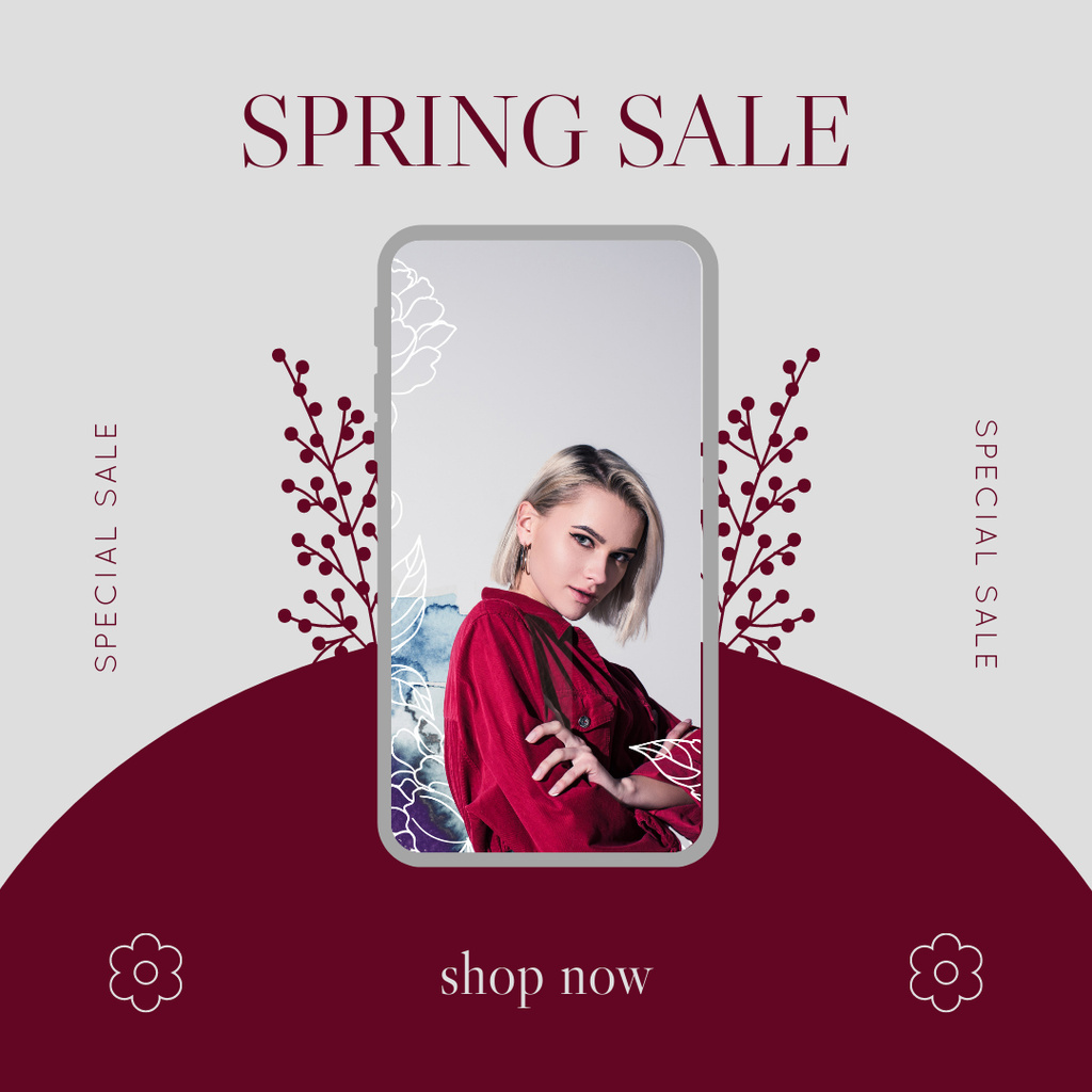Spring Sale with Young Blonde Woman in Red Instagram Πρότυπο σχεδίασης