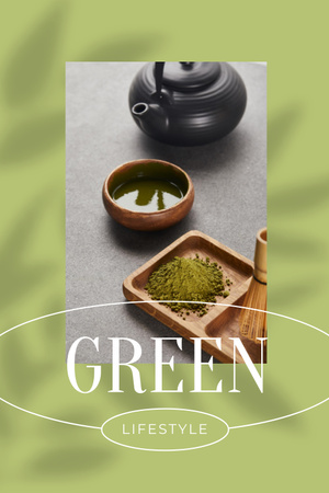 Green Lifestyle Concept with Tea in Cups Pinterest Design Template