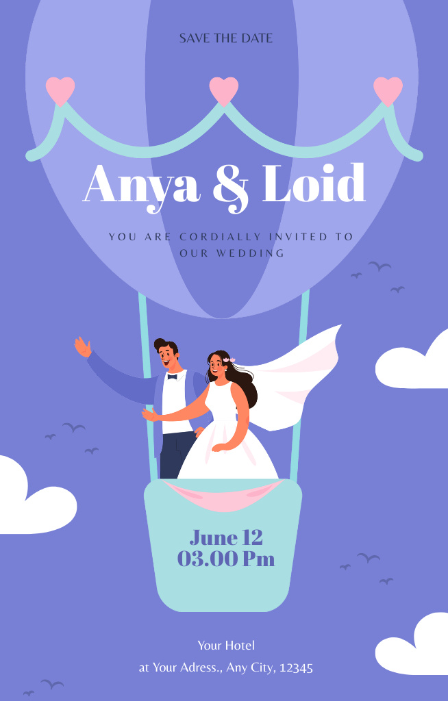 Wedding Invitation with Illustration of Bride and Groom in Hot Air Balloon Invitation 4.6x7.2in – шаблон для дизайну