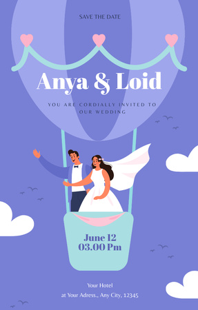 Svatební oznámení s ilustrací nevěsty a ženicha v horkovzdušném balónu Invitation 4.6x7.2in Šablona návrhu