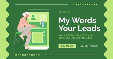 Magasan képzett írói szolgáltatás promóciója zöld színben Facebook AD tervezősablon