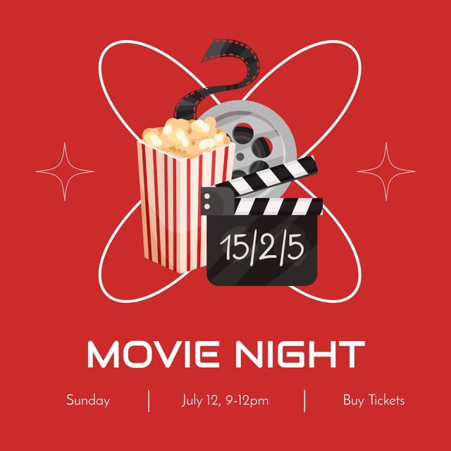 Movie Night Announcement with Box of Popcorn in Red Instagram Tasarım Şablonu