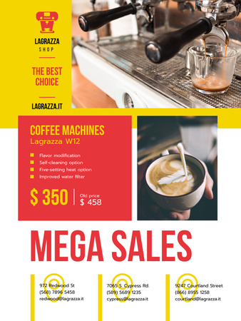Coffee Machine Sale with Brewing Drink Poster US Design Template