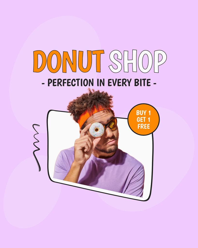 Doughnut Shop Ad with Young Man holding Donut Instagram Post Vertical Modelo de Design