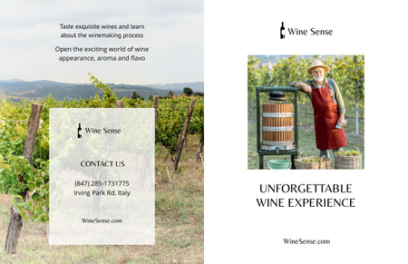 Platilla de diseño Wine Tasting Announcement with Farmer in Grape Garden Brochure 11x17in Bi-fold