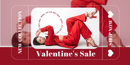 Plantilla de diseño de Venta de San Valentín con mujer en traje rojo Twitter 