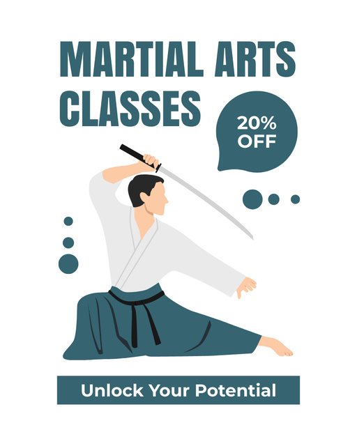 Martial Arts Classes Ad with Fighter holding Blade Instagram Post Verticalデザインテンプレート
