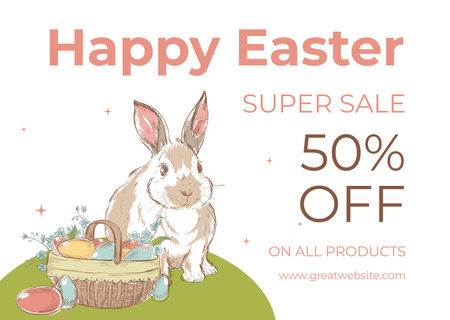 Happy Easter Sale Announcement with Cute Rabbit and Easter Eggs Basket Card Design Template