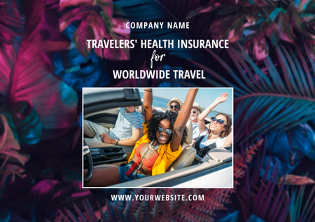 Health Insurance Offer for Tourists with Young People in Cabriolet Flyer A5 Horizontal Design Template