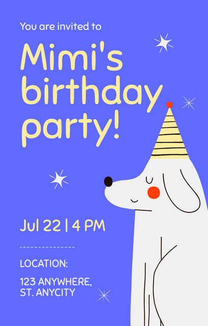 Cute Dog in Party Cap on Blue Invitation 4.6x7.2in Šablona návrhu