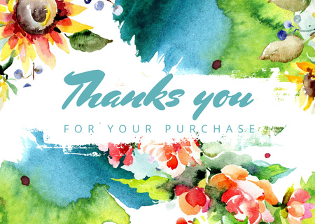 Thank You for Your Purchase Message with Beautiful Watercolor Flowers Card Design Template