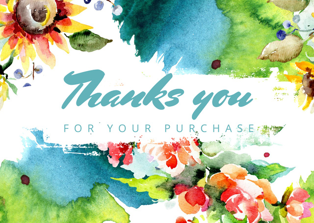Ontwerpsjabloon van Card van Thank You for Your Purchase Message with Beautiful Watercolor Flowers