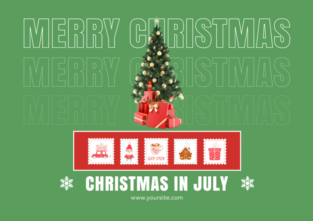 Hilarious Christmas Party in July with Christmas Tree on Green Flyer A5 Horizontal Design Template