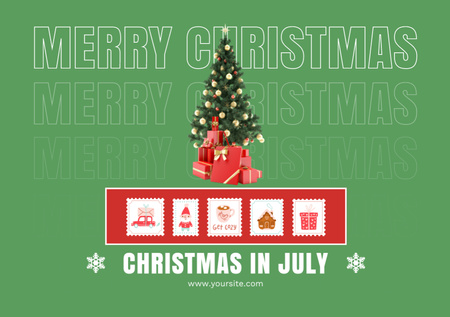 Hilarious Christmas Party in July with Christmas Tree on Green Flyer A5 Horizontal Design Template