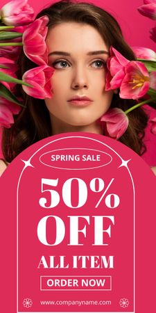 Designvorlage Frühlingsverkauf mit junger Frau mit leuchtend rosa Tulpen für Graphic