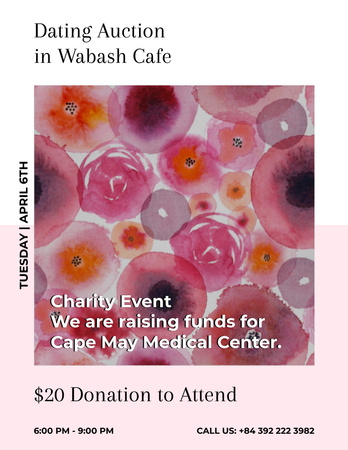Auction Announcement with Pink Watercolor Flowers Flyer 8.5x11in Design Template