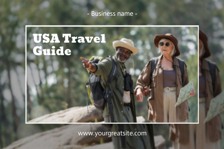 Designvorlage USA-Reiseführer mit Menschen im Wald für Postcard 4x6in