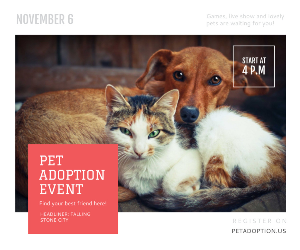 Designvorlage Animal Adaptation Event with Cute Cat and Dog für Medium Rectangle