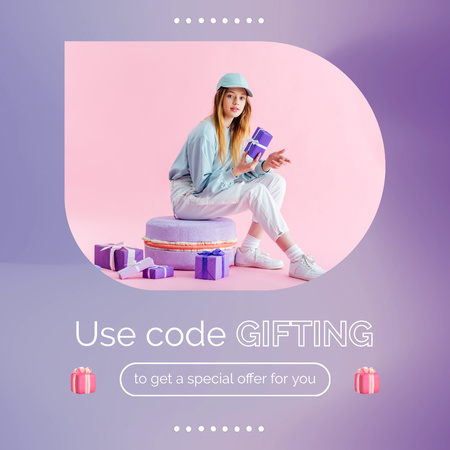 Promóciós kód az ügyfelek lila színű ajándékaihoz Animated Post tervezősablon