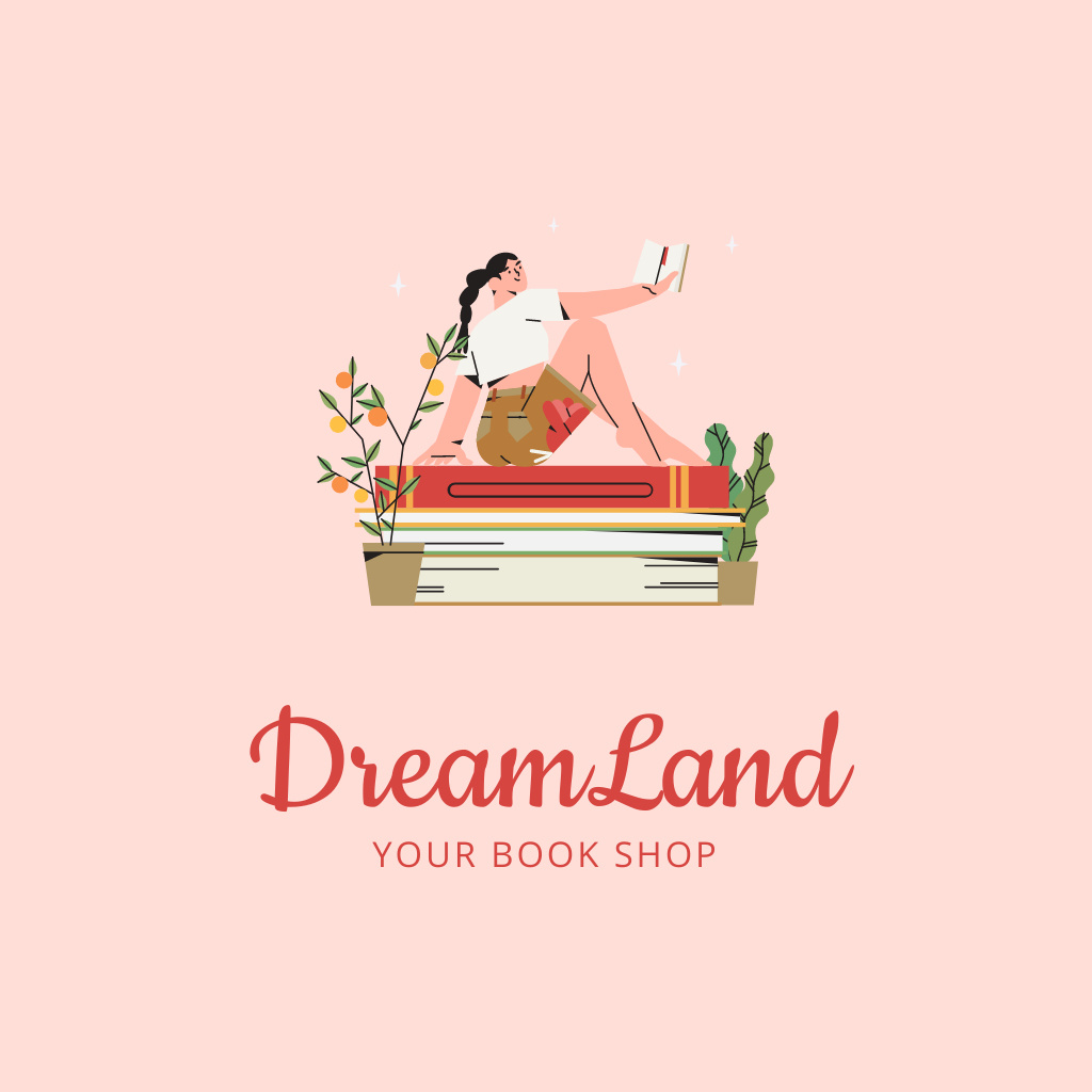 Bookstore Announcement with Woman in Pink Logo Tasarım Şablonu