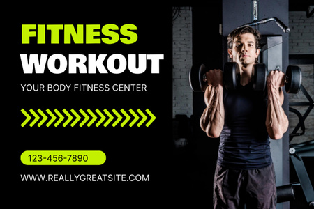 Fitness Center Ad with Man Lifting Weights Label Design Template
