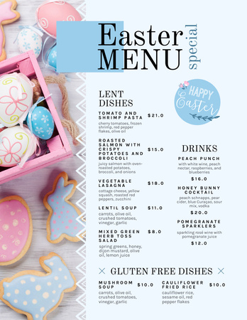 Plantilla de diseño de Lista de comidas de Pascua con huevos en caja rosa Menu 8.5x11in 